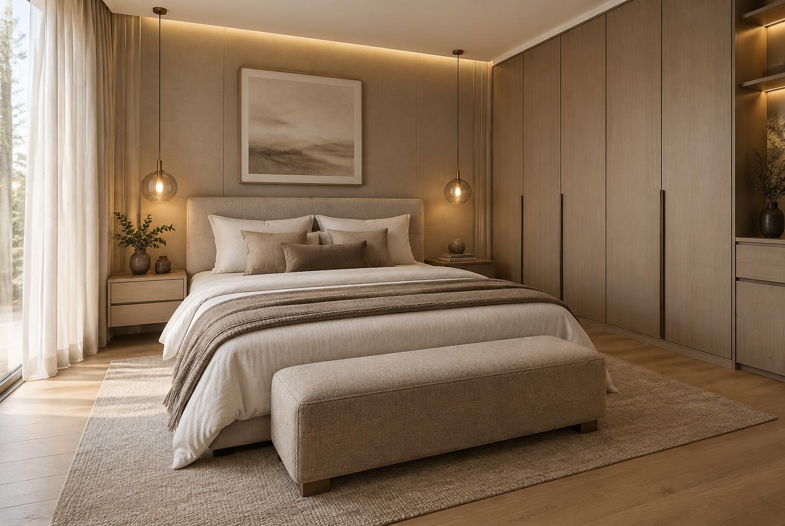 Contemporary bedroom interior with wardrobe and warm accent lighting