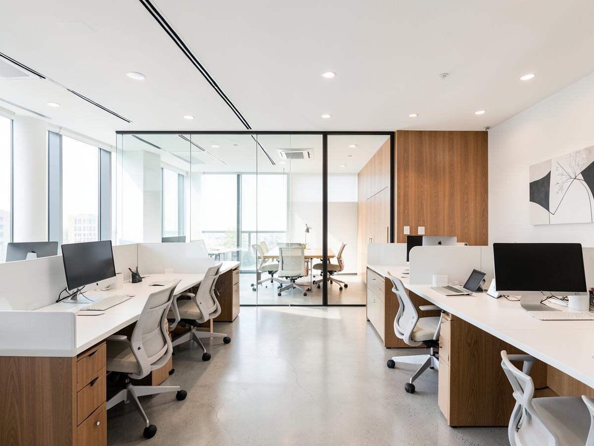 Corporate office interior with workstations and glass meeting room in Hyderabad