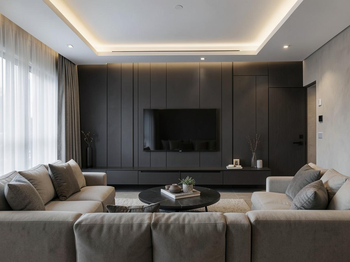 Living room with false ceiling, cove lighting and panelled TV unit